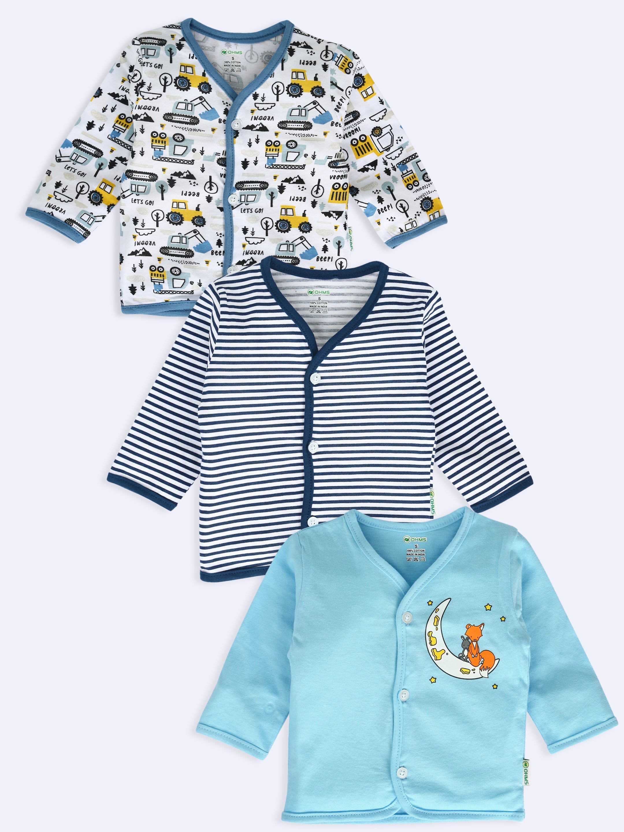 OHMS Baby Boys & Baby Girls Printed Pure Cotton Front Open Fullsleeve Tshirt (Multicolor, Pack of 3)
